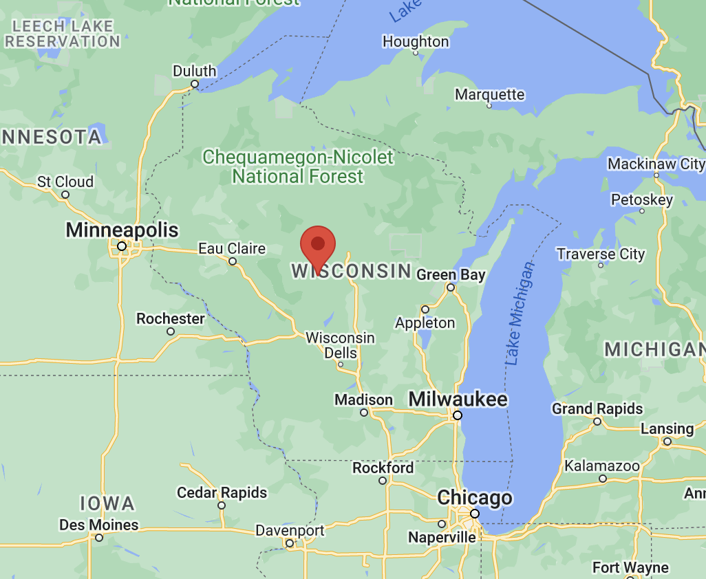 Map view showing proximity to nearby states, cities, and bodies of water